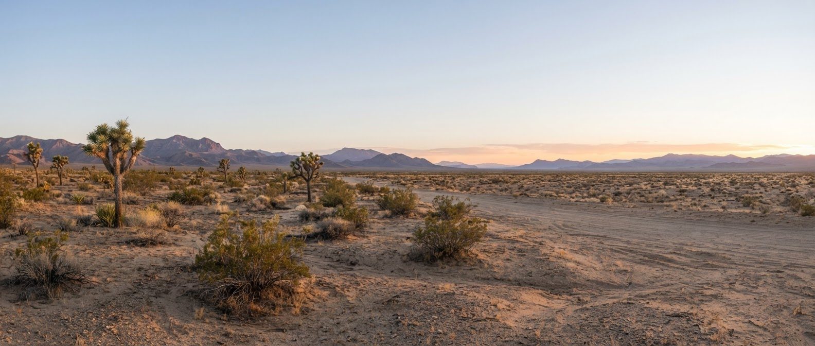Mojave Desert at sunrise with Joshua trees and creosote, open ground on the right