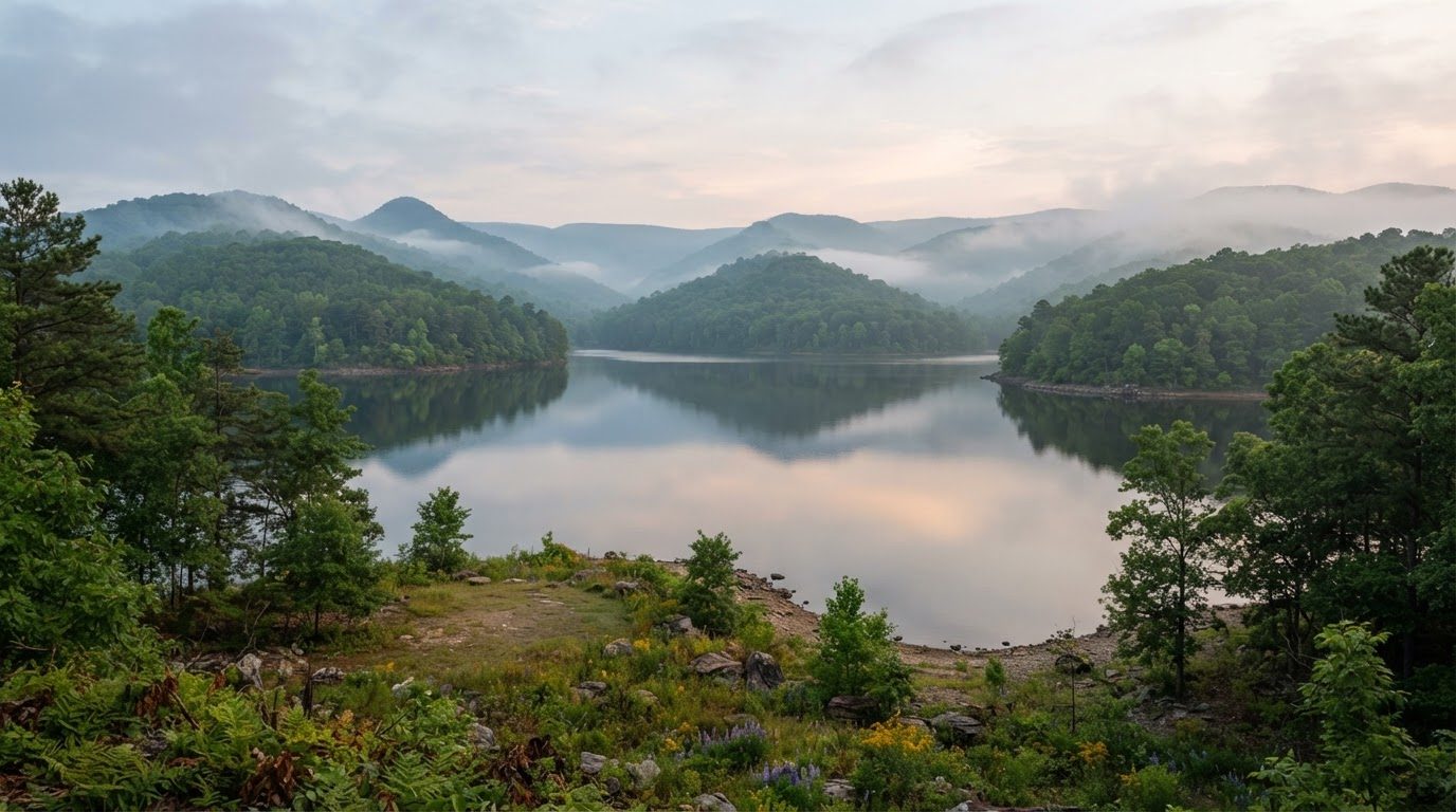 Misty lake among forested hills with a clearing near the shore
