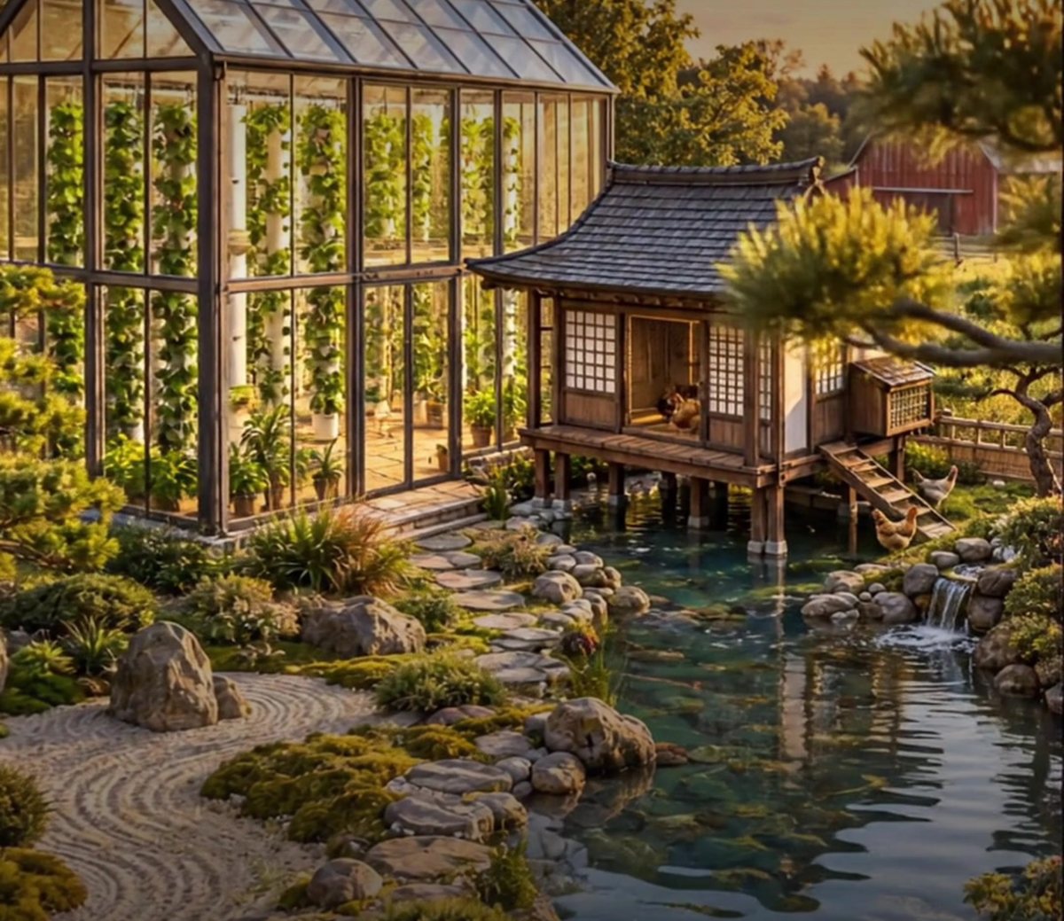 Concept rendering of a glass greenhouse and a Japanese-style coop beside a garden pond