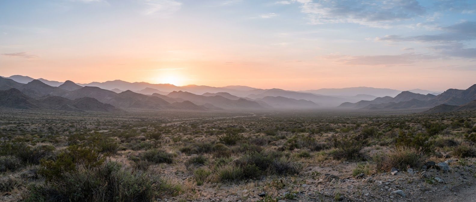 Sunrise over layered desert ridges in the American West