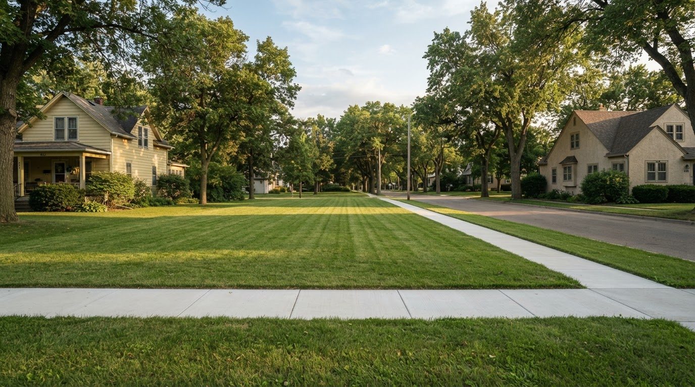 An empty grass lot between older homes on a tree-lined street