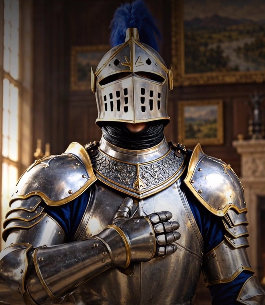 The Riel Estates knight with his hand on his heart