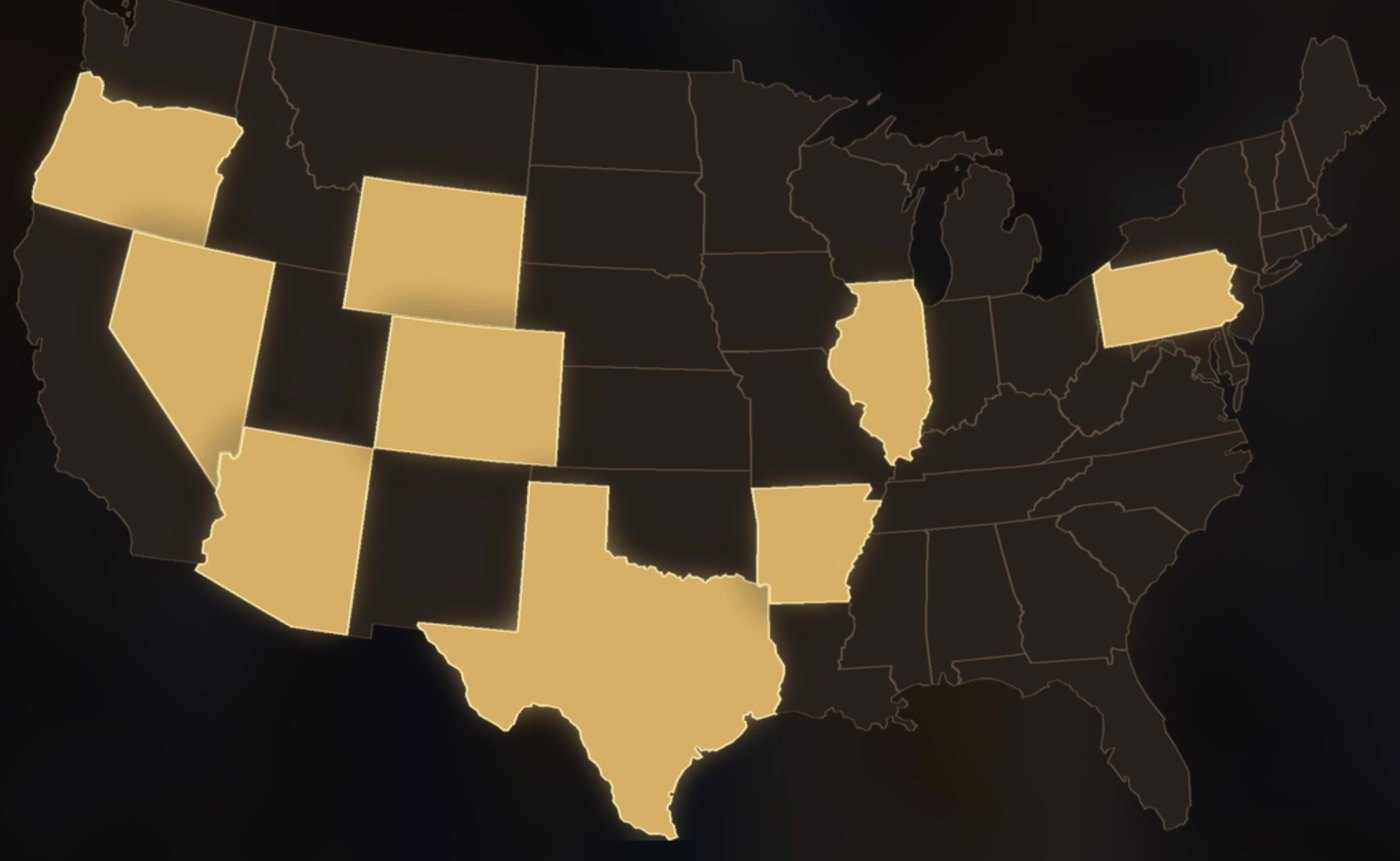 Map of the United States with nine states highlighted in gold: Oregon, Nevada, Arizona, Wyoming, Colorado, Texas, Arkansas, Illinois and Pennsylvania