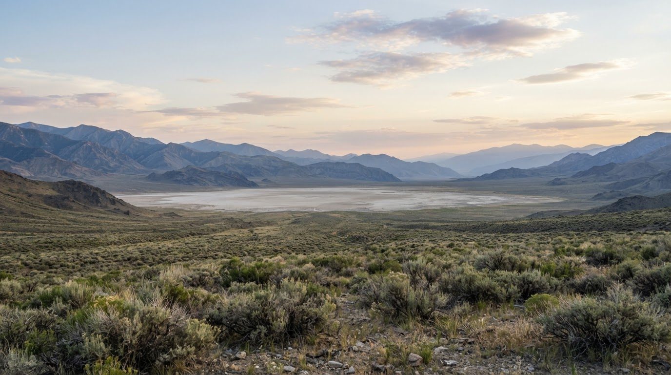 Sagebrush valley with a dry lake bed and blue mountain ranges
