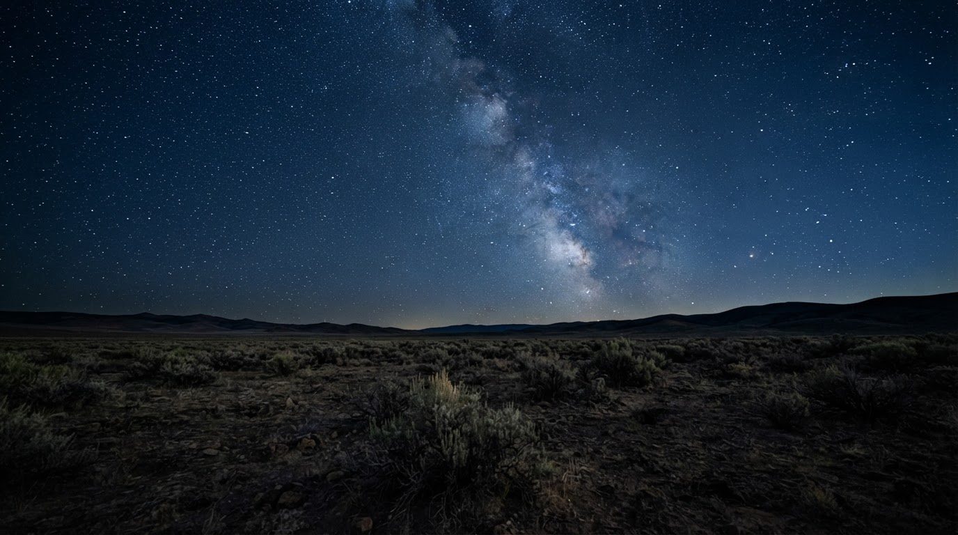 The Milky Way over a flat sagebrush plain at night