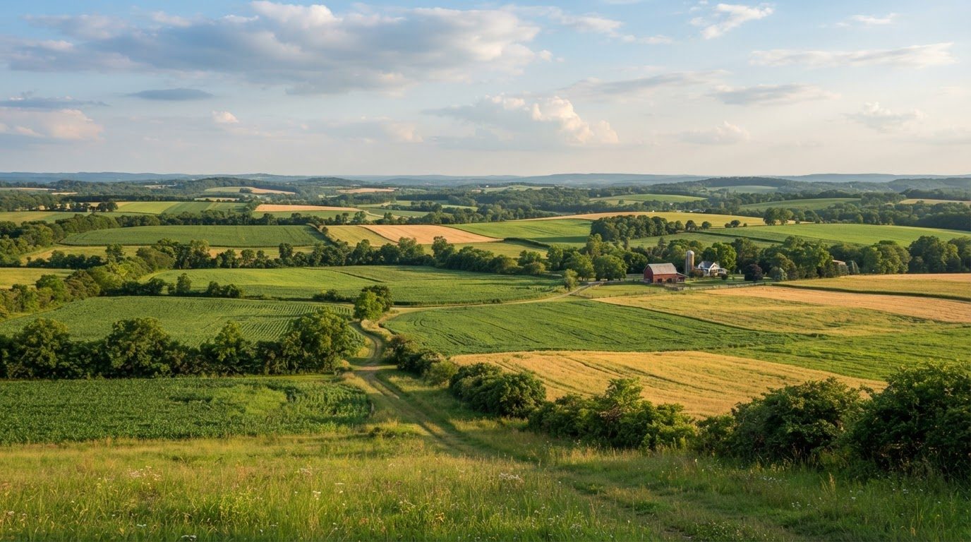 Rolling patchwork farm fields with a small red barn