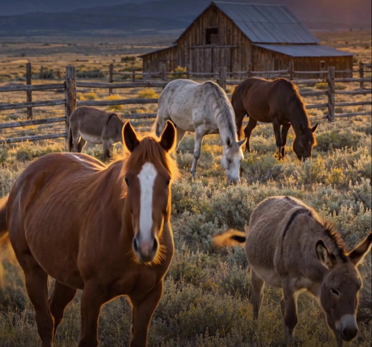 Concept rendering of horses and donkeys grazing beside a weathered barn at sunset