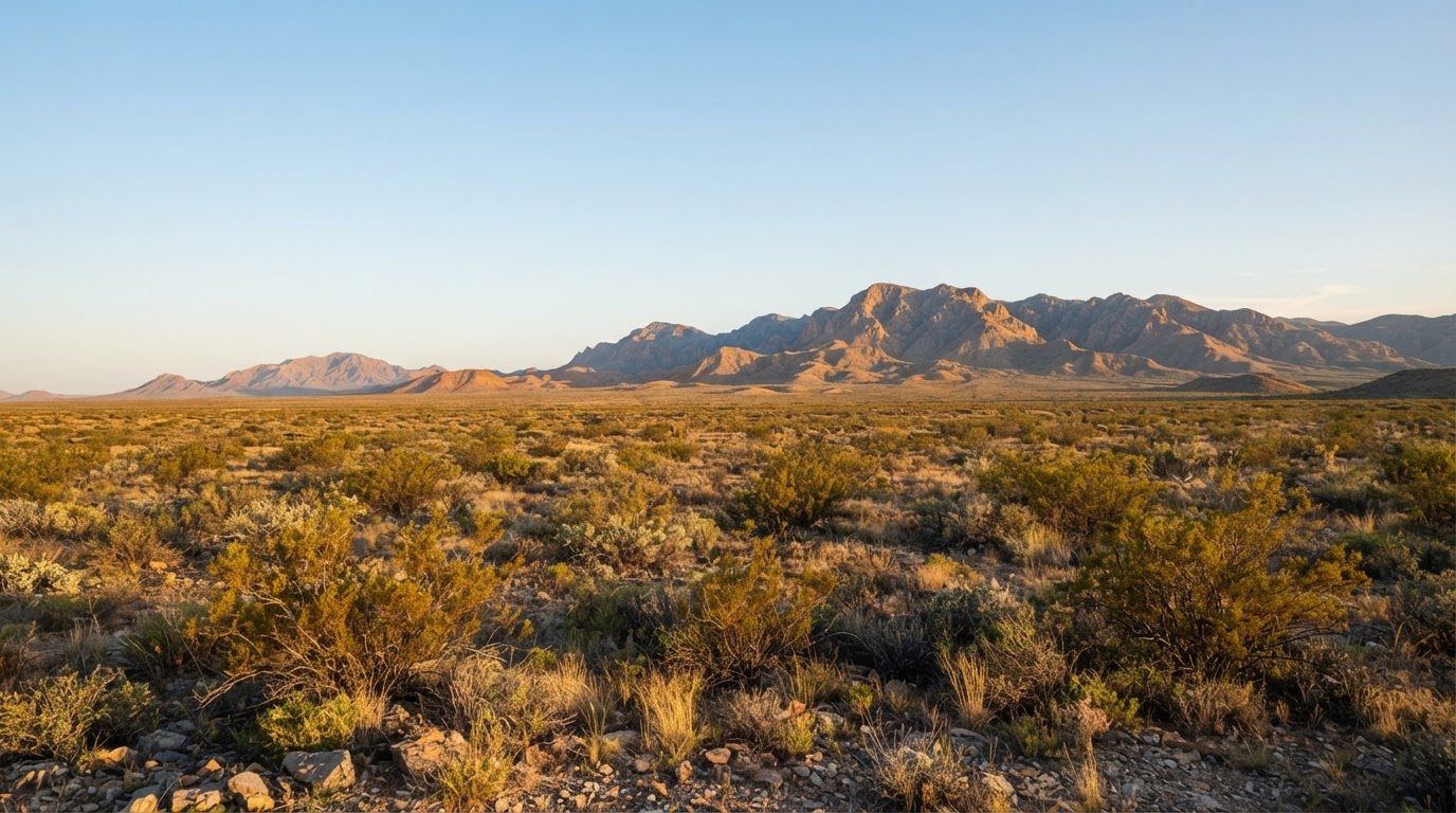 Creosote desert with rugged mountains in golden morning light
