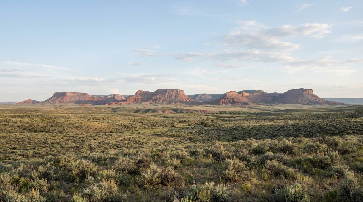 Sagebrush range with red flat-topped buttes on the horizon